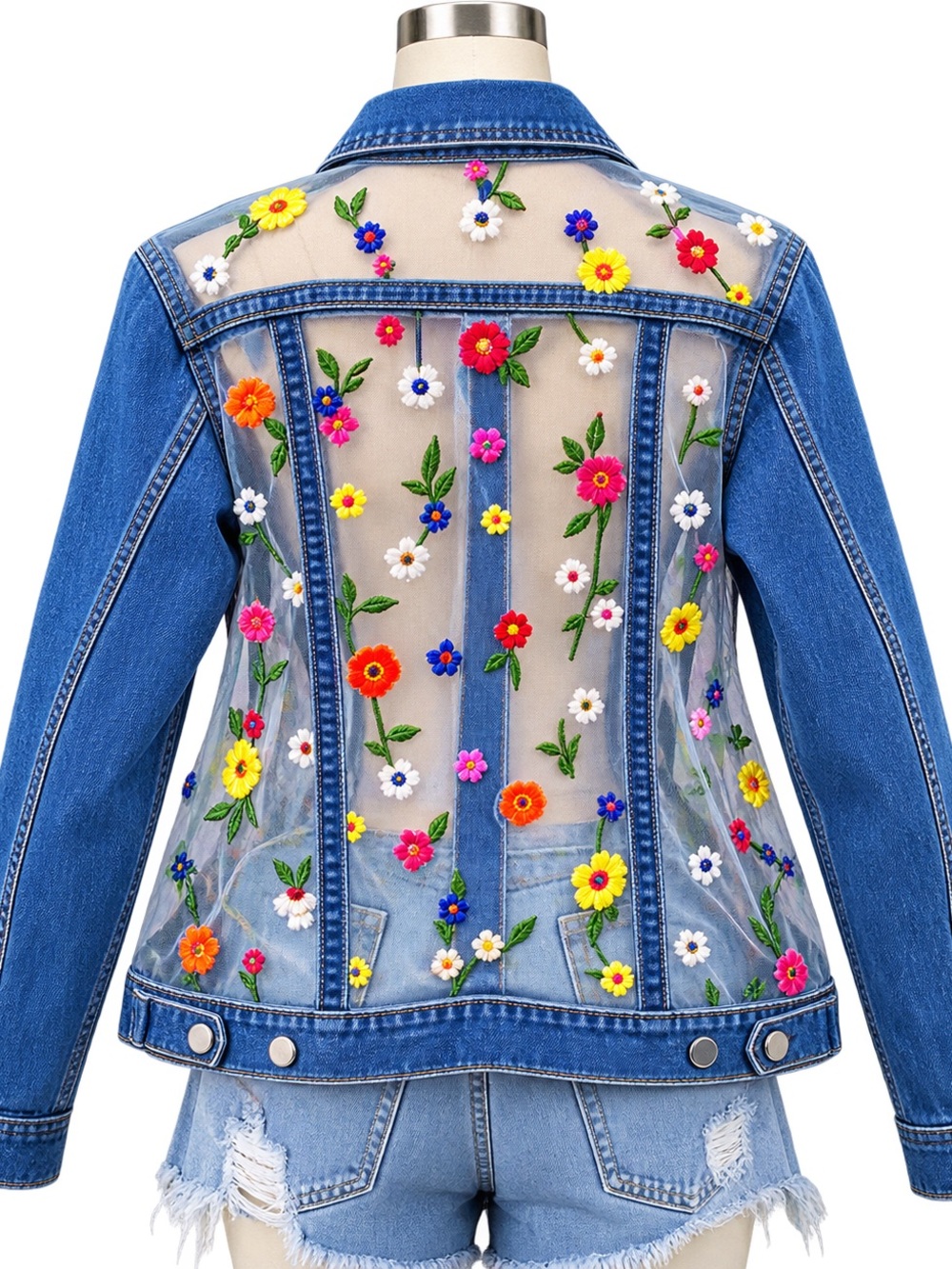 Embroidered Floral upcycle Mesh Back Denim Jacket - Blue Ptp 18 1/2